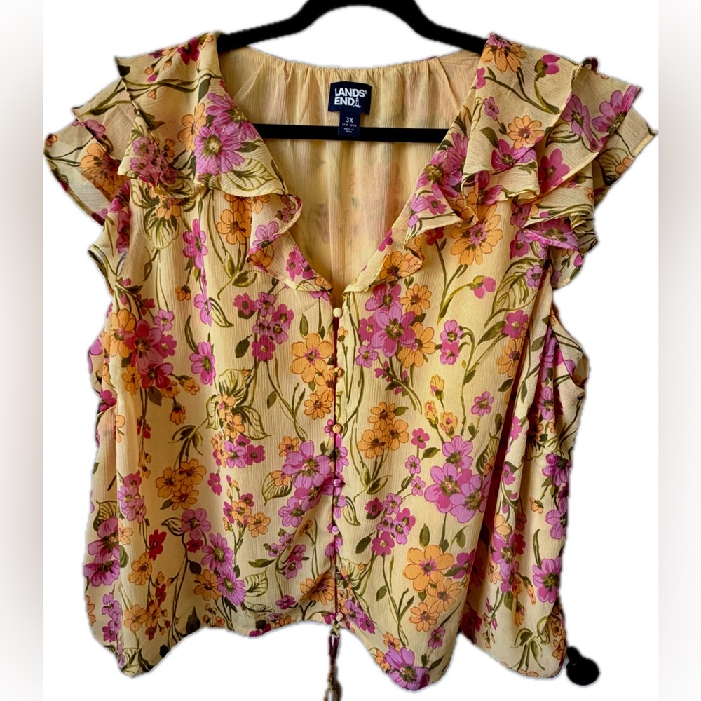 Lands’ End 3X Floral Ruffle Blouse Cottagecore Spring Top